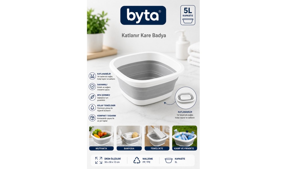 5 Litre Katlanabilir Kare Badya Katlanır Leğen Sebze Meyve Yıkama Kabı Mutfak Kamp ve Temizlik İçin Çok Amaçlı