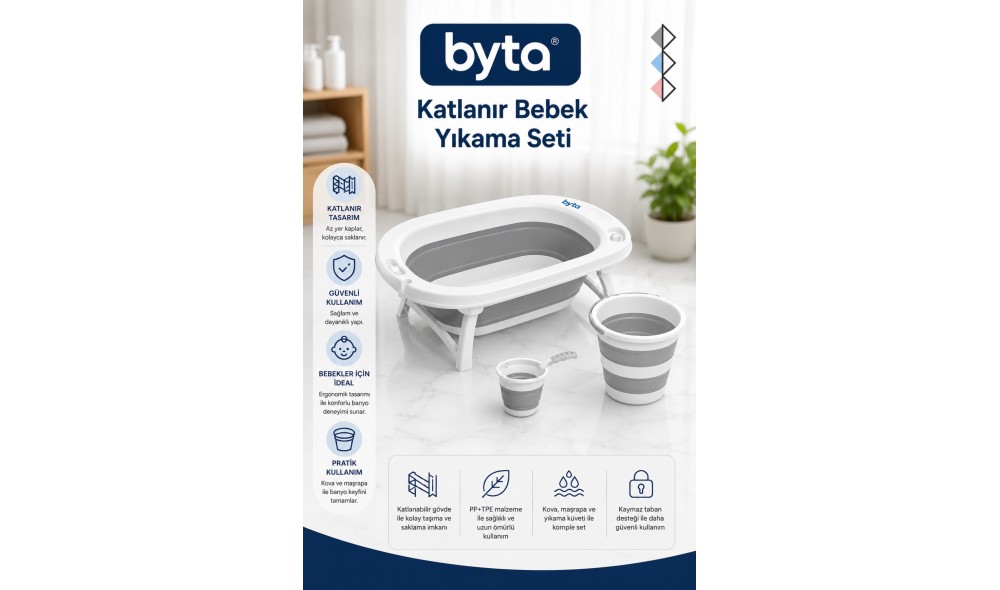 Katlanır Bebek Banyo Seti 3'lü – Küvet, Kova ve Maşrapa, Portatif ve Yer Tasarruflu, Gri Beyaz