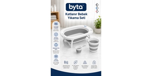 Katlanır Bebek Banyo Seti 3'lü – Küvet, Kova ve Maşrapa, Portatif ve Yer Tasarruflu, Gri Beyaz
