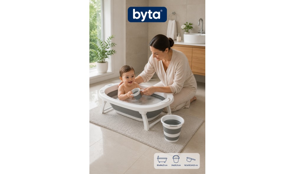 Katlanır Bebek Banyo Seti 3'lü – Küvet, Kova ve Maşrapa, Portatif ve Yer Tasarruflu, Gri Beyaz