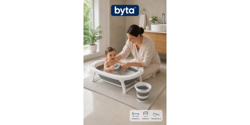 Katlanır Bebek Banyo Seti 3'lü – Küvet, Kova ve Maşrapa, Portatif ve Yer Tasarruflu, Gri Beyaz