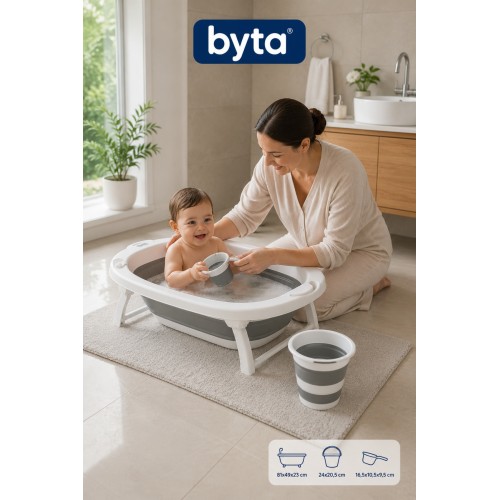 Katlanır Bebek Banyo Seti 3'lü – Küvet, Kova ve Maşrapa, Portatif ve Yer Tasarruflu, Gri Beyaz