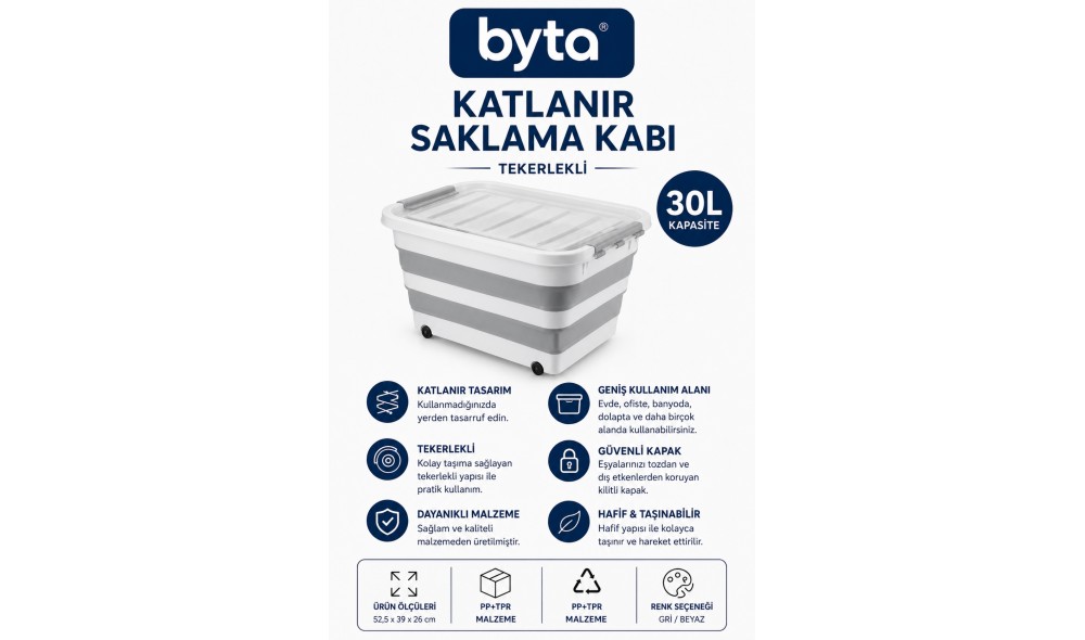 30 Litre Tekerlekli Katlanır Saklama Kutusu – Oyuncak, Giysi ve Ev Düzenleme Organizeri – Kapaklı Gri/Beyaz