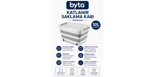 30 Litre Tekerlekli Katlanır Saklama Kutusu – Oyuncak, Giysi ve Ev Düzenleme Organizeri – Kapaklı Gri/Beyaz