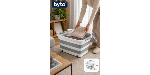 30 Litre Tekerlekli Katlanır Saklama Kutusu – Oyuncak, Giysi ve Ev Düzenleme Organizeri – Kapaklı Gri/Beyaz