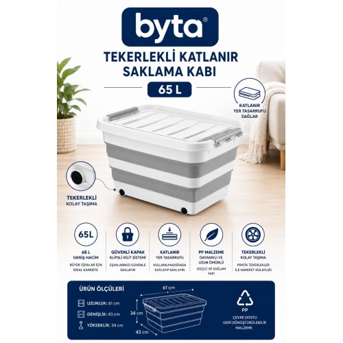 65 Litre Tekerlekli Katlanır Saklama Kabı Kapaklı Çok Amaçlı Düzenleme ve Depolama Kutusu