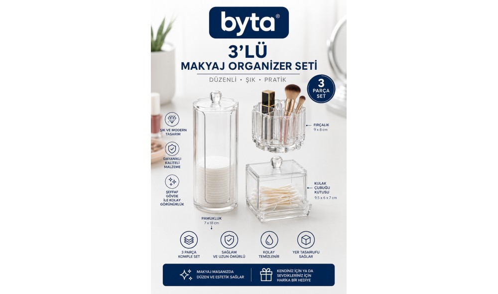 3'lü Şeffaf Makyaj Organizer Seti – Pamukluk, Kulak Çubuğu Kutusu ve Fırçalık Düzenleyici