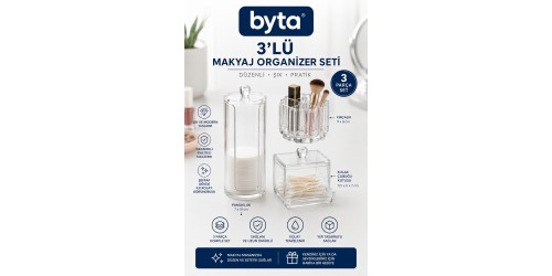 3'lü Şeffaf Makyaj Organizer Seti – Pamukluk, Kulak Çubuğu Kutusu ve Fırçalık Düzenleyici