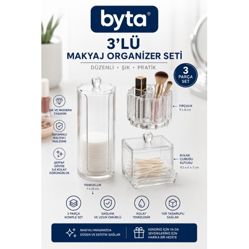 3'lü Şeffaf Makyaj Organizer Seti – Pamukluk, Kulak Çubuğu Kutusu ve Fırçalık Düzenleyici