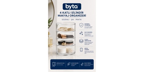 4 Katlı Şeffaf Silindir Makyaj Organizeri – Kozmetik, Takı ve Aksesuar Düzenleyici