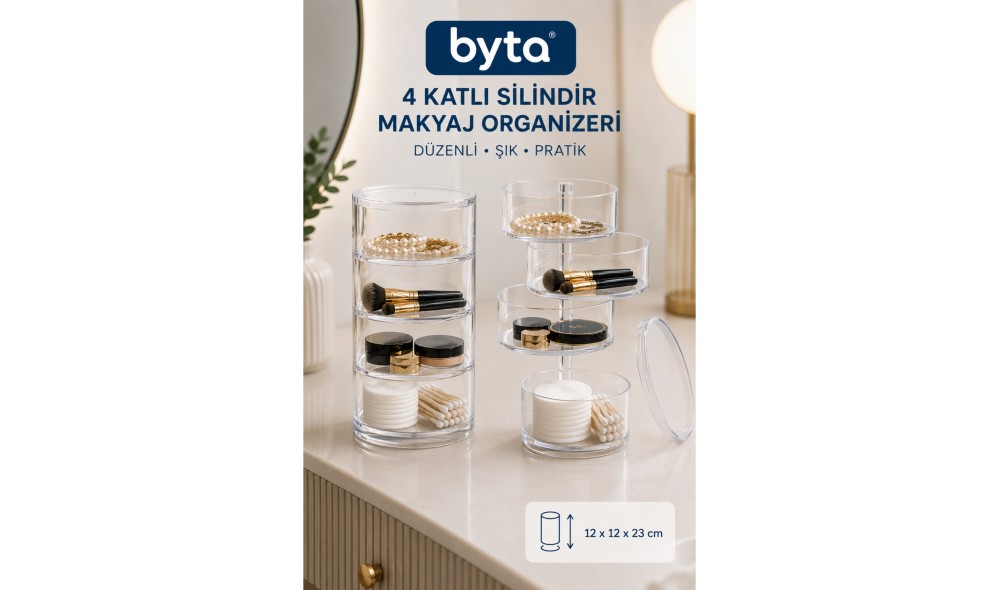 4 Katlı Şeffaf Silindir Makyaj Organizeri – Kozmetik, Takı ve Aksesuar Düzenleyici