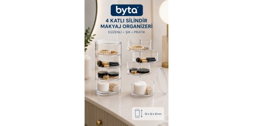 4 Katlı Şeffaf Silindir Makyaj Organizeri – Kozmetik, Takı ve Aksesuar Düzenleyici