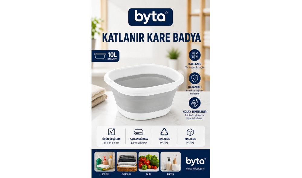 Katlanır Kare Banyo ve Çok Amaçlı Yıkama Leğeni 10 L Gri-Beyaz | Sebze Meyve, Çamaşır ve Bulaşık İçin