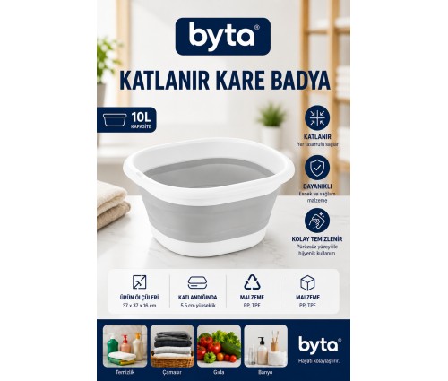 Katlanır Kare Banyo ve Çok Amaçlı Yıkama Leğeni 10 L Gri-Beyaz | Sebze Meyve, Çamaşır ve Bulaşık İçin
