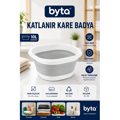 Katlanır Kare Banyo ve Çok Amaçlı Yıkama Leğeni 10 L Gri-Beyaz | Sebze Meyve, Çamaşır ve Bulaşık İçin