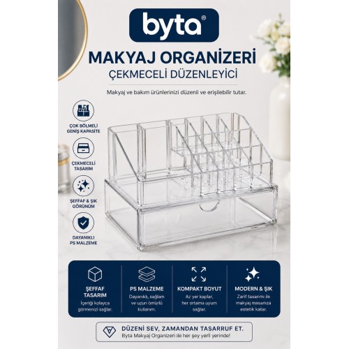  Büyük Boy Şeffaf Çekmeceli Makyaj Organizeri XL – Çok Bölmeli Kozmetik Düzenleyici, Masaüstü Makyaj ve Takı Saklama Kutusu
