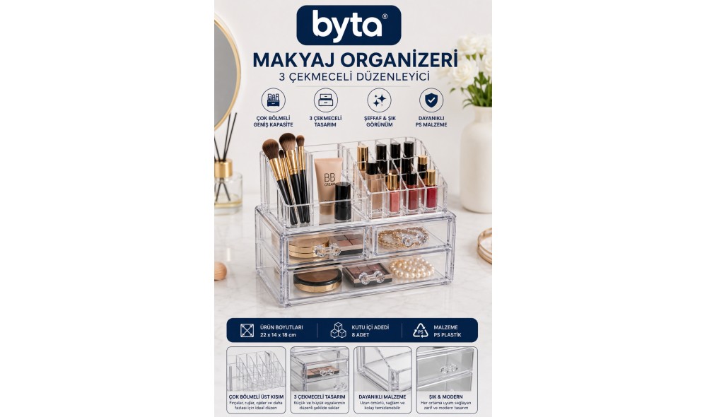 Büyük Boy 3 Çekmeceli Şeffaf Makyaj Organizeri XL– Çok Bölmeli Kozmetik, Takı ve Aksesuar Düzenleyici