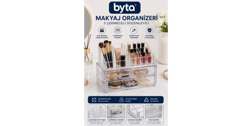 Büyük Boy 3 Çekmeceli Şeffaf Makyaj Organizeri XL– Çok Bölmeli Kozmetik, Takı ve Aksesuar Düzenleyici
