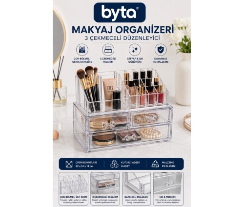 Büyük Boy 3 Çekmeceli Şeffaf Makyaj Organizeri XL– Çok Bölmeli Kozmetik, Takı ve Aksesuar Düzenleyici