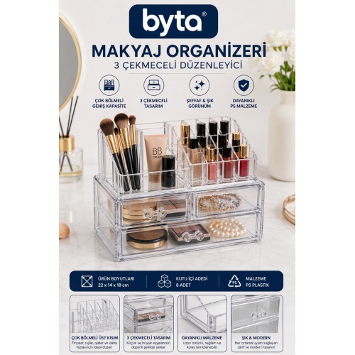 Büyük Boy 3 Çekmeceli Şeffaf Makyaj Organizeri XL– Çok Bölmeli Kozmetik, Takı ve Aksesuar Düzenleyici