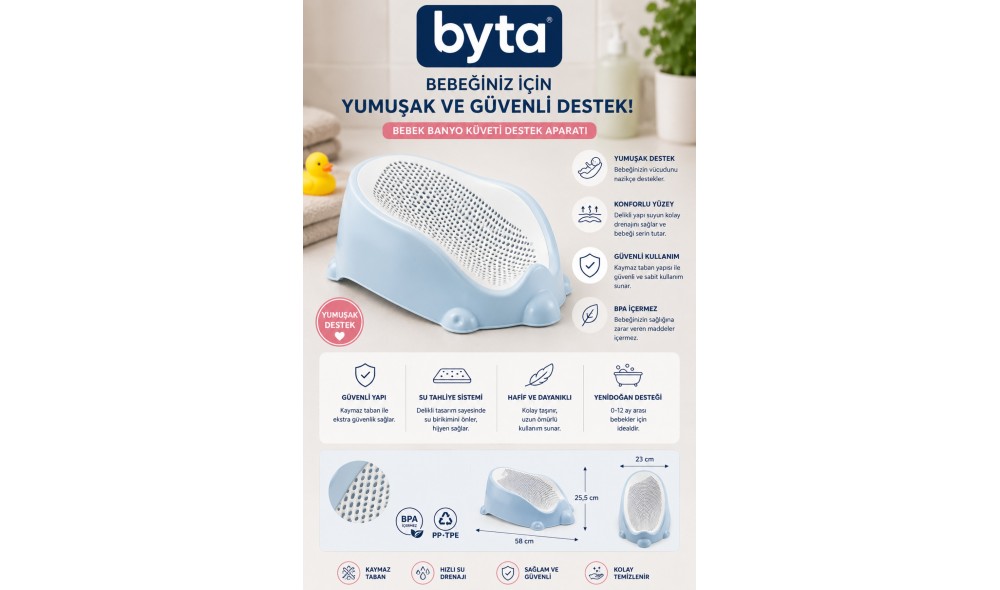 Bebek Küveti Destek Aparatı Ergonomik Kaymaz Yenidoğan Bebek Banyo Desteği 58 x 25,5 x 23 cm