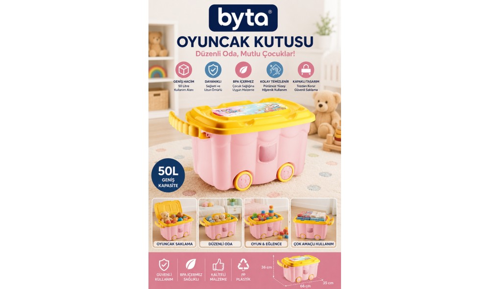 50 Litre Tekerlekli Oyuncak Saklama Kutusu – Kapaklı, Çok Amaçlı Düzenleyici Saklama Sandığı, Dayanıklı PP Plastik