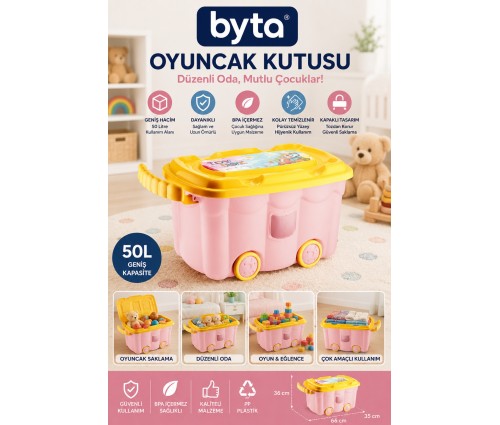 50 Litre Tekerlekli Oyuncak Saklama Kutusu – Kapaklı, Çok Amaçlı Düzenleyici Saklama Sandığı, Dayanıklı PP Plastik