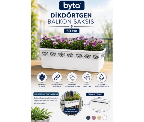50 cm Dikdörtgen Balkon Saksısı Dekoratif Plastik Çiçek ve Bitki Saksısı
