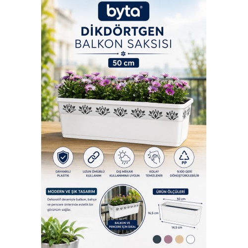 50 cm Dikdörtgen Balkon Saksısı Dekoratif Plastik Çiçek ve Bitki Saksısı