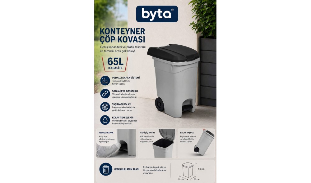 65 Litre Pedallı Tekerlekli Konteyner Büyük Boy Çöp Kovası Gri/Kırmızı Kapaklı Ev, Ofis, Site ve Bahçe Kullanımı
