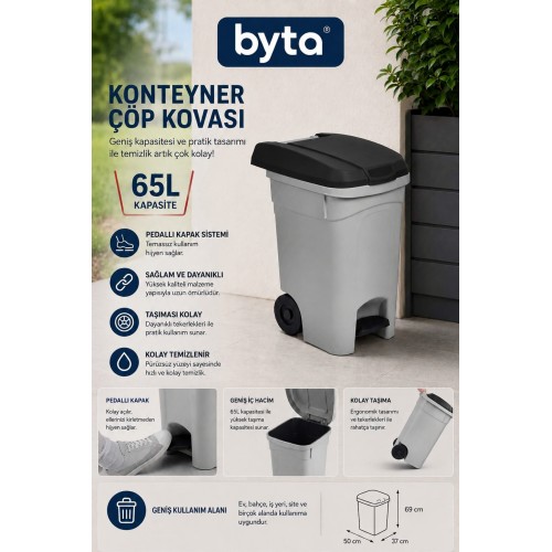 65 Litre Pedallı Tekerlekli Konteyner Büyük Boy Çöp Kovası Gri/Kırmızı Kapaklı Ev, Ofis, Site ve Bahçe Kullanımı