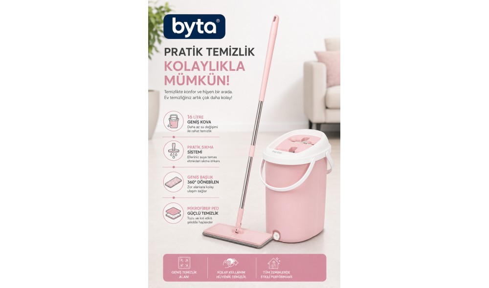 Büyük Tablet Mop Seti 16 L Pedallı Temizlik Kovası ve Mikrofiber Mop 360° Döner Başlıklı Paspas Seti