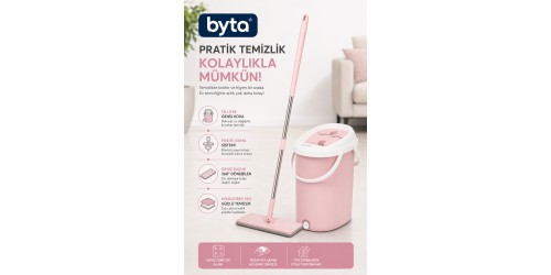 Büyük Tablet Mop Seti 16 L Pedallı Temizlik Kovası ve Mikrofiber Mop 360° Döner Başlıklı Paspas Seti