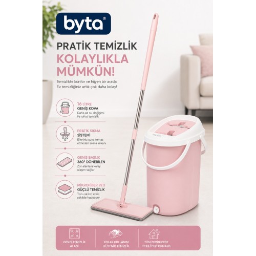 Büyük Tablet Mop Seti 16 L Pedallı Temizlik Kovası ve Mikrofiber Mop 360° Döner Başlıklı Paspas Seti