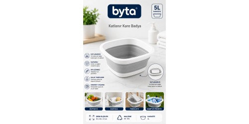 5 Litre Katlanabilir Kare Badya Katlanır Leğen Sebze Meyve Yıkama Kabı Mutfak Kamp ve Temizlik İçin Çok Amaçlı