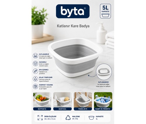 5 Litre Katlanabilir Kare Badya Katlanır Leğen Sebze Meyve Yıkama Kabı Mutfak Kamp ve Temizlik İçin Çok Amaçlı