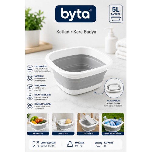 5 Litre Katlanabilir Kare Badya Katlanır Leğen Sebze Meyve Yıkama Kabı Mutfak Kamp ve Temizlik İçin Çok Amaçlı