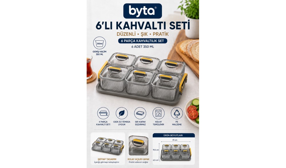 6'lı Kapaklı Kahvaltılık Saklama Kabı Seti - Şeffaf Gıda Saklama, Sunum ve Düzenleyici Organizer
