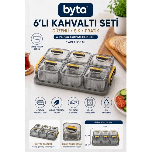 6'lı Kapaklı Kahvaltılık Saklama Kabı Seti - Şeffaf Gıda Saklama, Sunum ve Düzenleyici Organizer