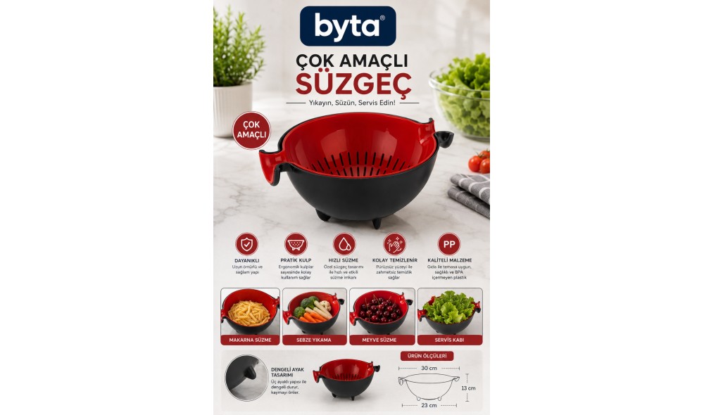 Çok Amaçlı Mutfak Süzgeci – Sebze, Meyve, Makarna Yıkama ve Süzme Kabı, Ergonomik Kulplu BPA İçermeyez Kırmızı Siyah Karışık Renk Gönderilir