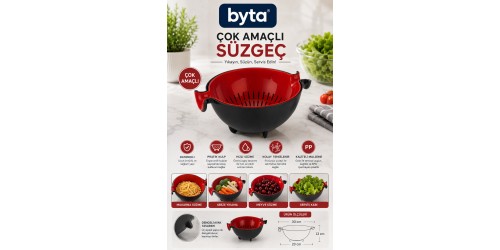 Çok Amaçlı Mutfak Süzgeci – Sebze, Meyve, Makarna Yıkama ve Süzme Kabı, Ergonomik Kulplu BPA İçermeyez Kırmızı Siyah Karışık Renk Gönderilir