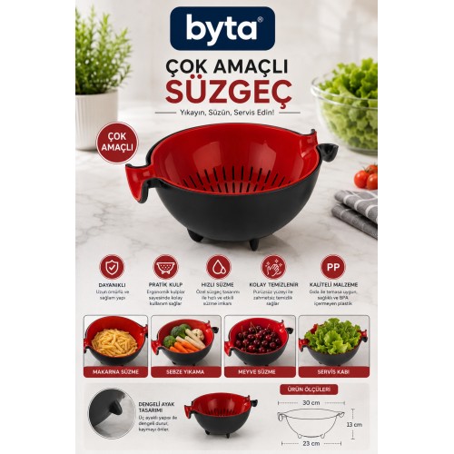 Çok Amaçlı Mutfak Süzgeci – Sebze, Meyve, Makarna Yıkama ve Süzme Kabı, Ergonomik Kulplu BPA İçermeyez Kırmızı Siyah Karışık Renk Gönderilir