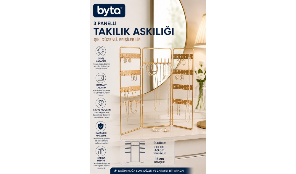 3 Panelli Takılık Askılığı Katlanabilir Metal Takı Düzenleyici Stand