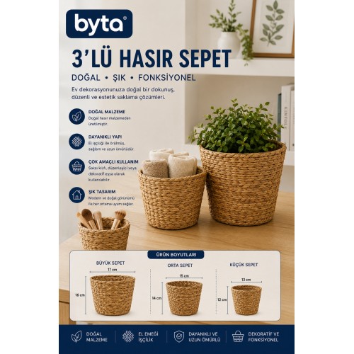 3'lü Hasır Sepet Seti Doğal El Örgüsü Dekoratif Organizer Saklama Sepeti