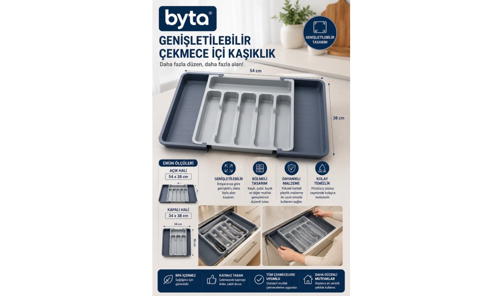 Genişletilebilir Çekmece İçi Kaşıklık Organizer 34x38 - 54x38 cm Ayarlanabilir Bölmeli Kaşık Çatal Bıçak Düzenleyici
