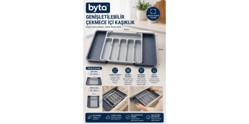 Genişletilebilir Çekmece İçi Kaşıklık Organizer 34x38 - 54x38 cm Ayarlanabilir Bölmeli Kaşık Çatal Bıçak Düzenleyici
