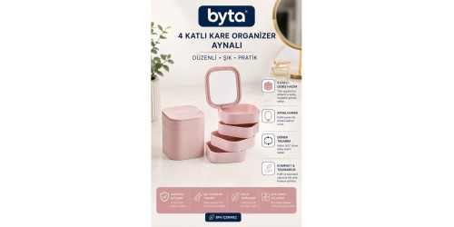 Aynalı 4 Katlı Makyaj ve Takı Organizeri – Döner Kozmetik ve Aksesuar Düzenleyici Kutu