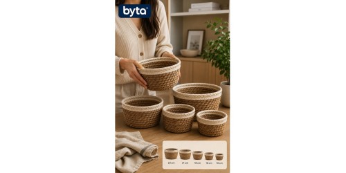 5'li Hasır Sepet Seti Doğal El Örgüsü Dekoratif Düzenleyici Organizer Saklama Sepeti 23-21-18-16-13 cm