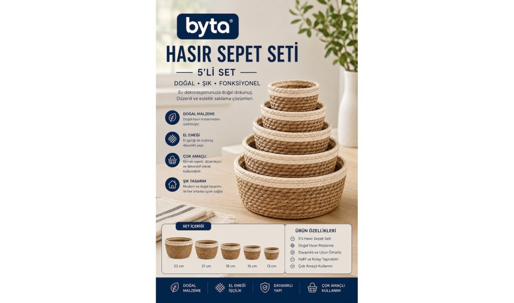 5'li Hasır Sepet Seti Doğal El Örgüsü Dekoratif Düzenleyici Organizer Saklama Sepeti 23-21-18-16-13 cm