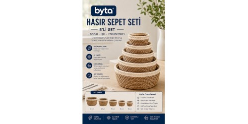 5'li Hasır Sepet Seti Doğal El Örgüsü Dekoratif Düzenleyici Organizer Saklama Sepeti 23-21-18-16-13 cm